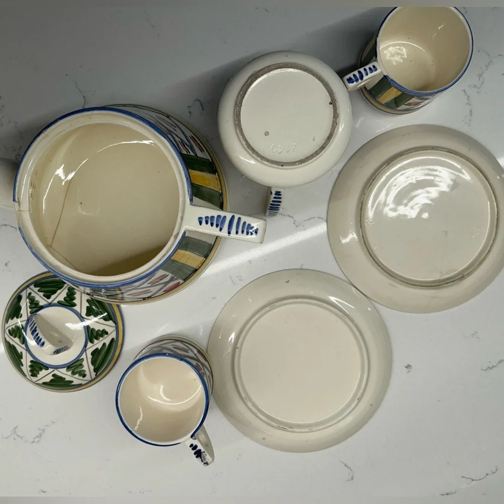 Ceramic Vintage Tea Pot Set w/ Creamer, 2 Cups & Saucers in Green, Red & Yellow